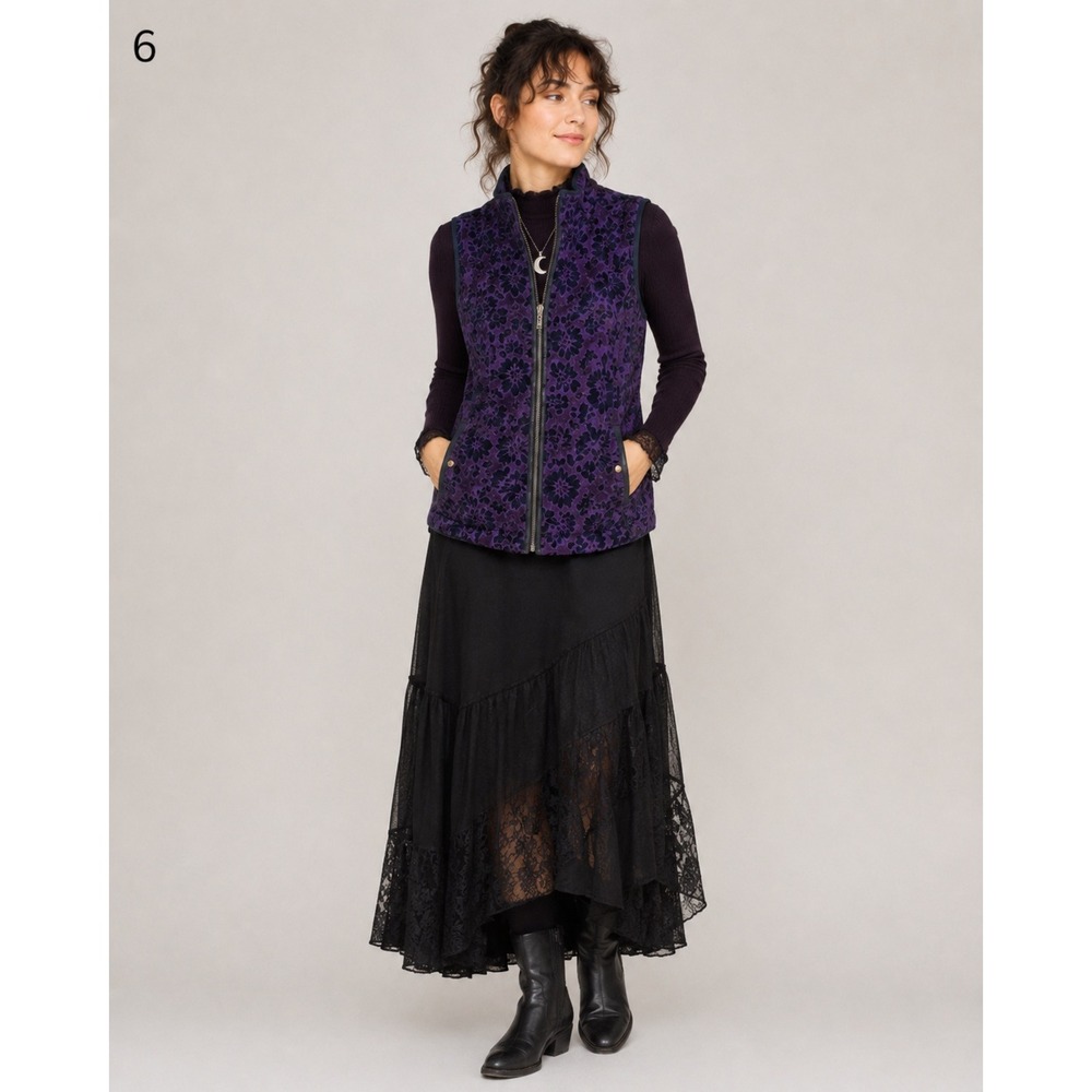 Charter Club Full Zip Velvet Vest Womens Medium‎ Purple Black Floral Whimsigoth